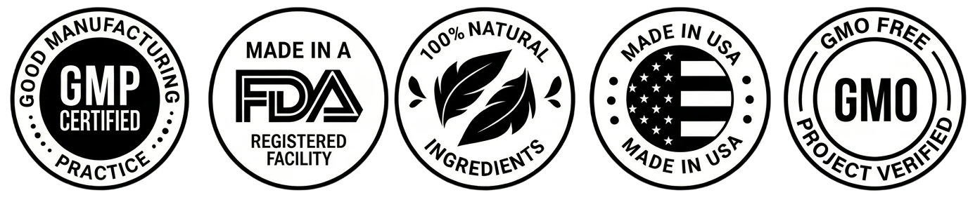 GMP Certified · FDA Registered · 100% Natural · Made in USA · GMO Free